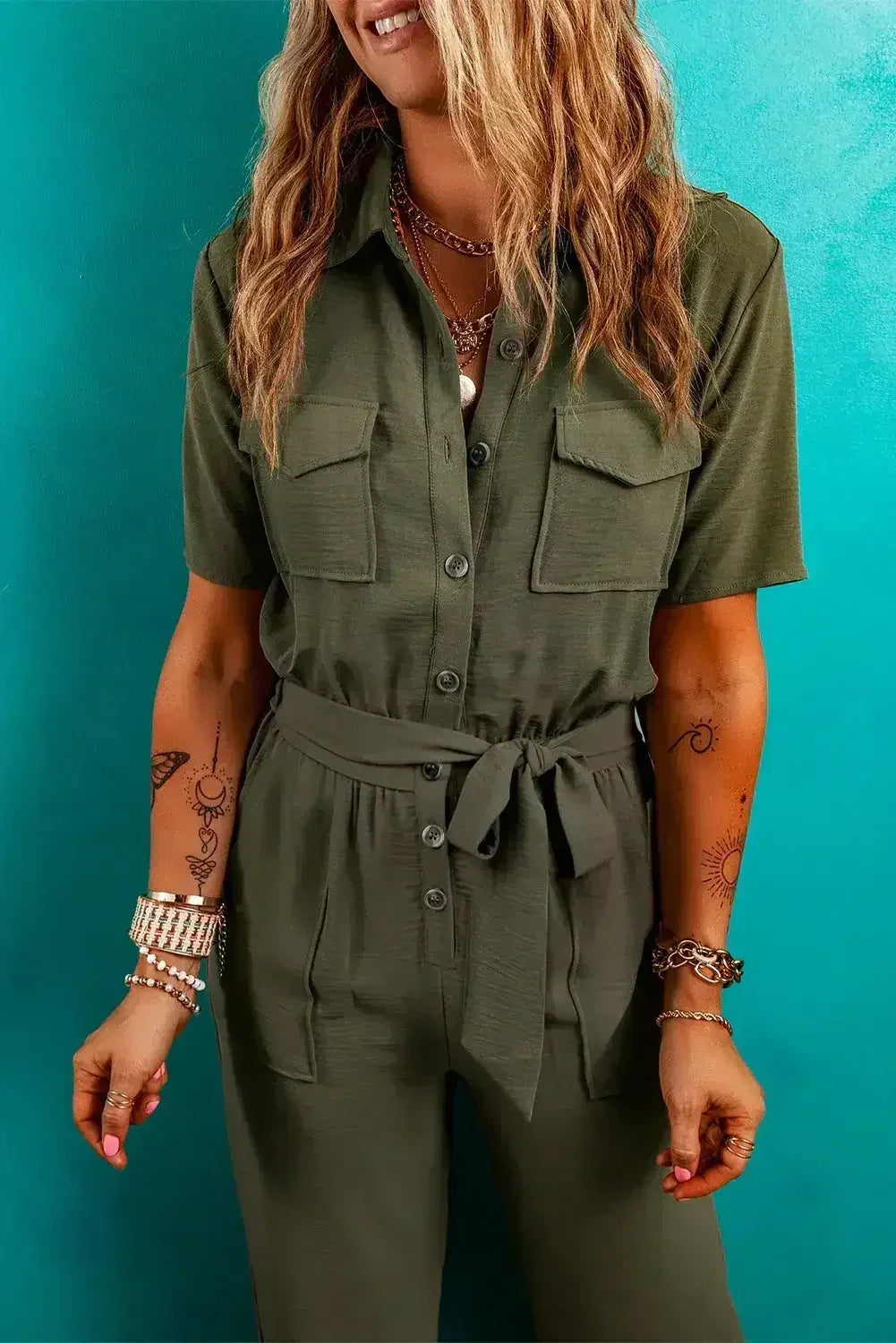 Moss Green Half Button Belted Utility Short Sleeve Jumpsuit - Femstylo