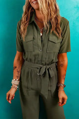 Moss Green Half Button Belted Utility Short Sleeve Jumpsuit - Femstylo
