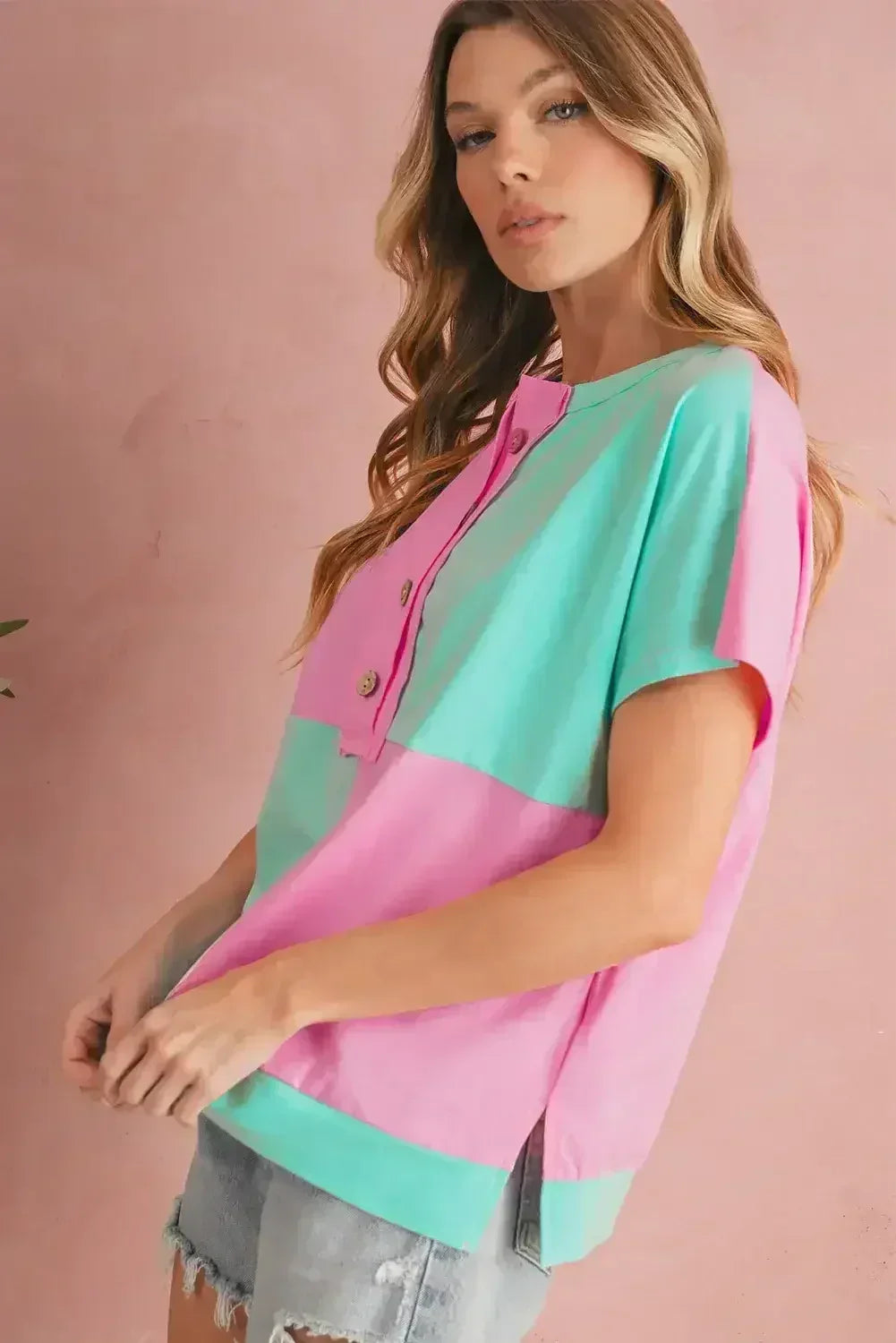 Mint Green Colorblock Half Buttons Henley T Shirt - Femstylo