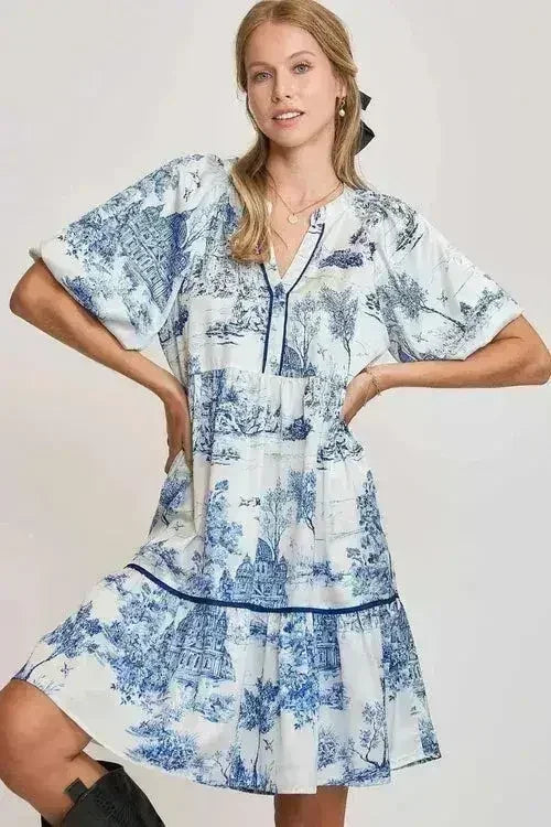 Umgee Full Size Two Tone Landscape Print Dress Plus Size - Femstylo