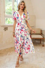 Sky Blue Abstract Print Short Puff Sleeve Tiered Maxi Dress - Femstylo