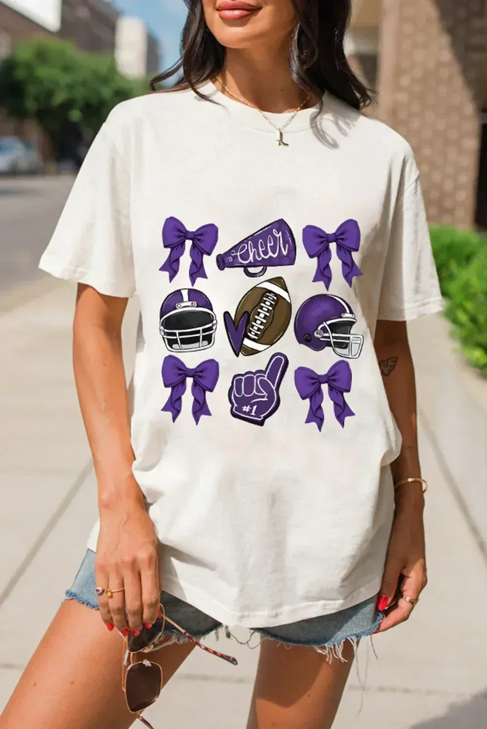 White Game Day Rugby Cheer Helmet Bow Graphic Tee