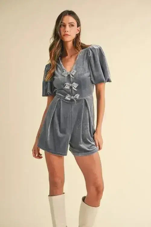 Mable Jewel Bow Decor Puff Sleeve Velvet Romper - Femstylo