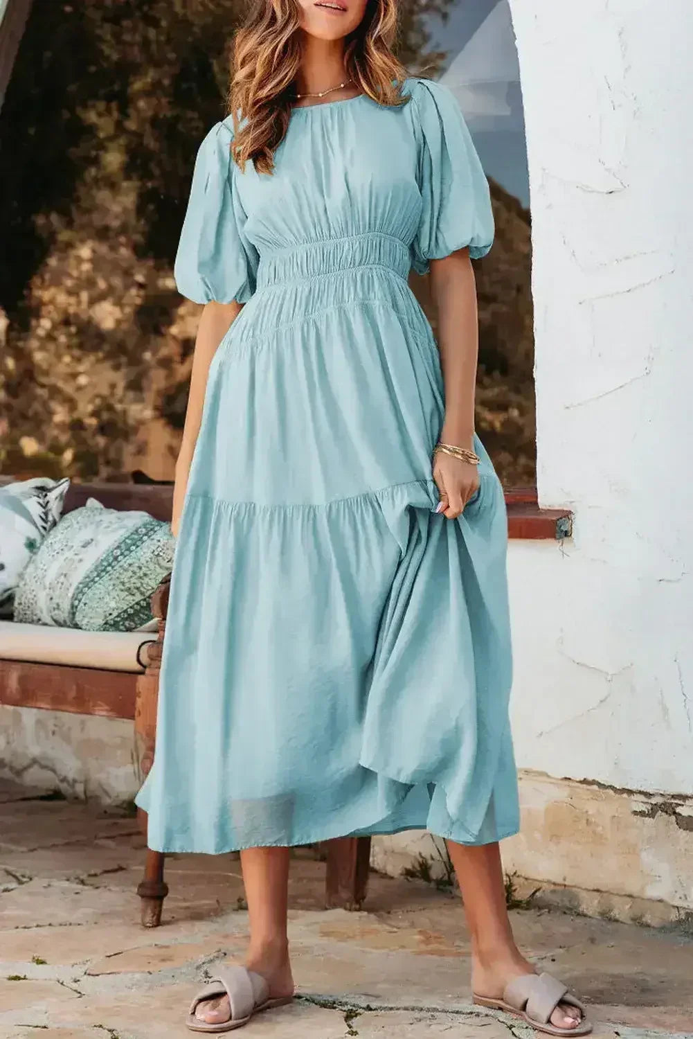 Light Blue Puff Sleeve High Waist Flowy Midi Dress - Femstylo