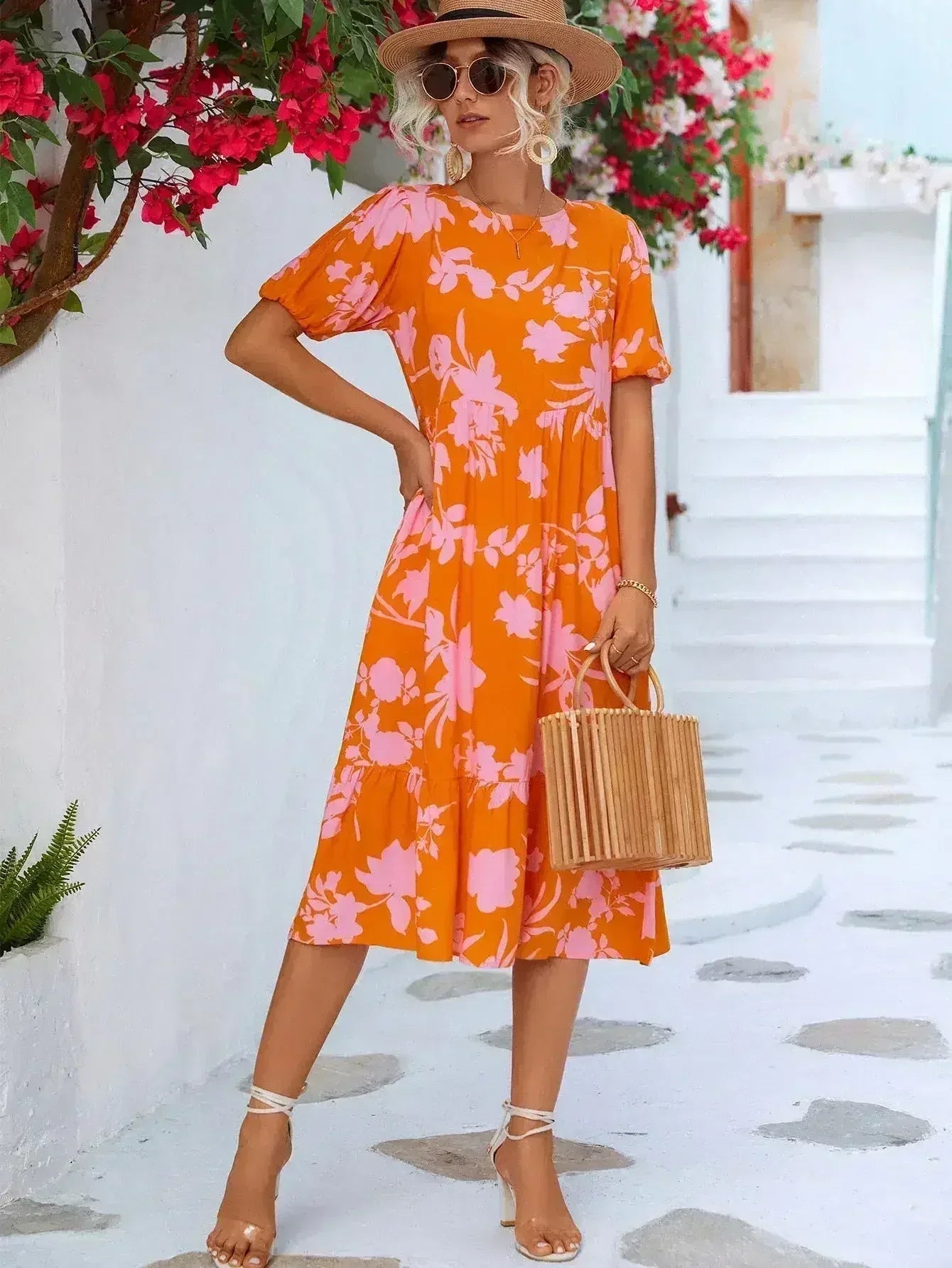 Floral Puff Sleeve Ruffle Hem Midi Dress - Femstylo
