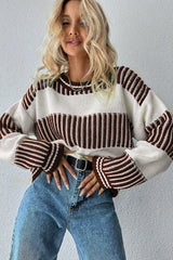 Brown Two Tone Striped Patchwork Drop Shoulder Sweater