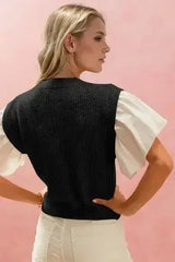 Oh Full Size Ruffled Round Neck Short Sleeve Sweater - Femstylo