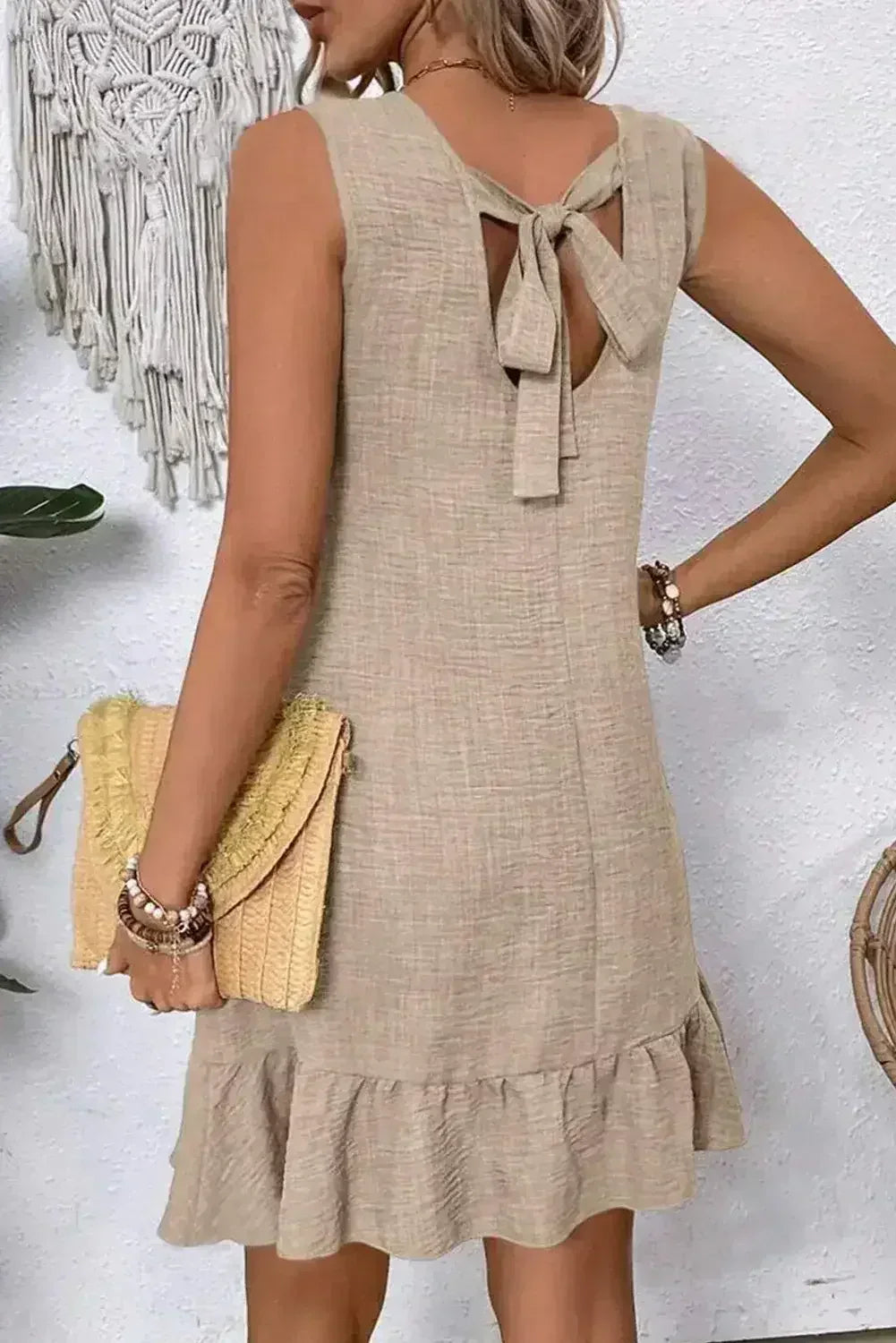 Ashleigh Blue Sleeveless Knot Backless Ruffle Hem Mini Dress - Femstylo