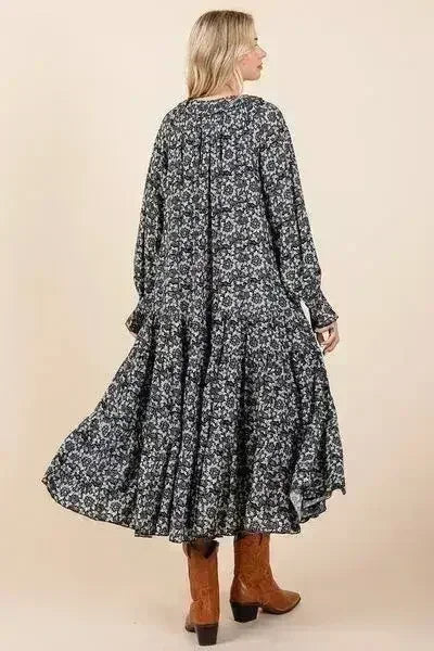 Mittoshop Printed Tie Neck Flounce Sleeve Midi Dress - Femstylo
