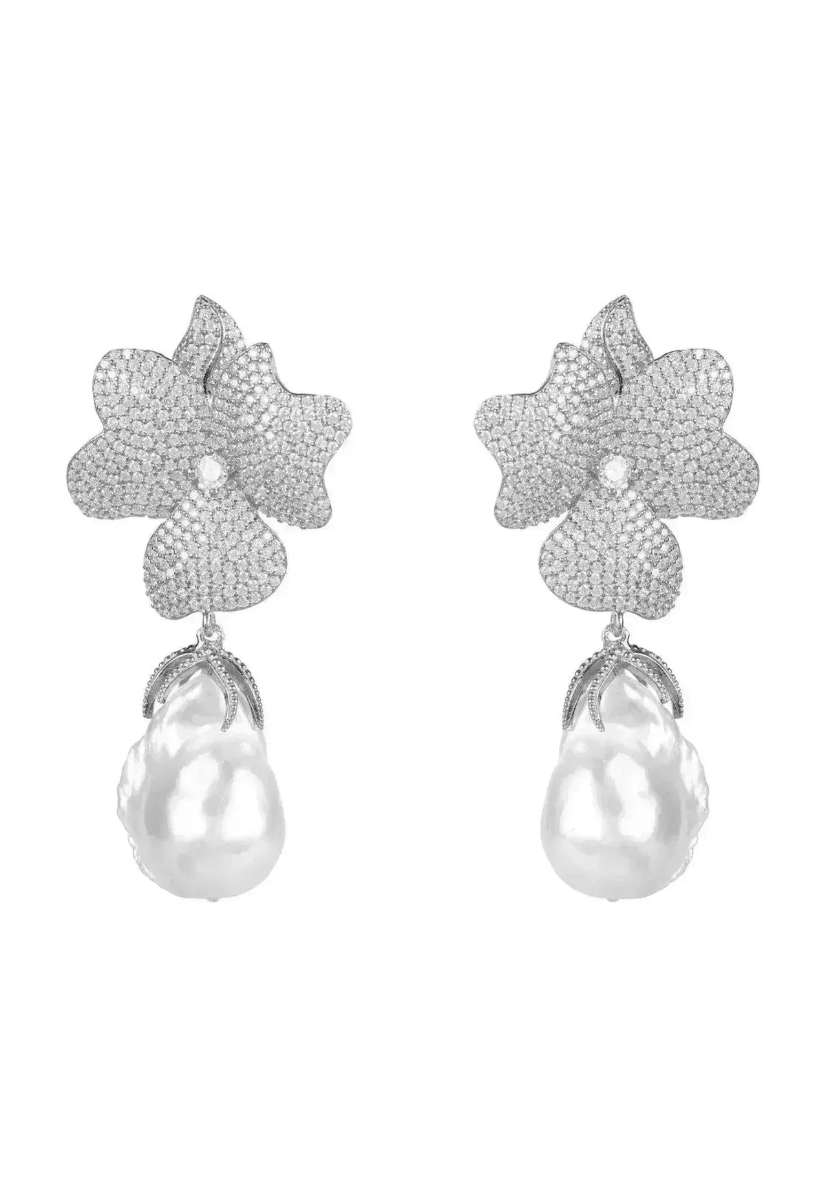 Baroque Pearl White Flower Drop Earring Silver - Femstylo