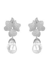 Baroque Pearl White Flower Drop Earring Silver - Femstylo