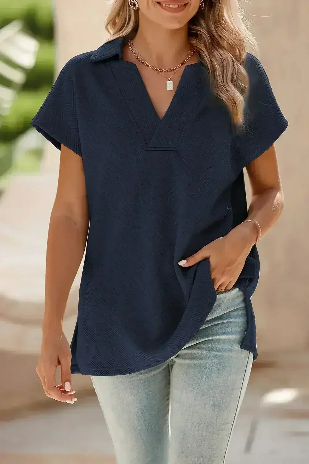 White Textured V Neck Collared Split Hem T Shirt - Femstylo
