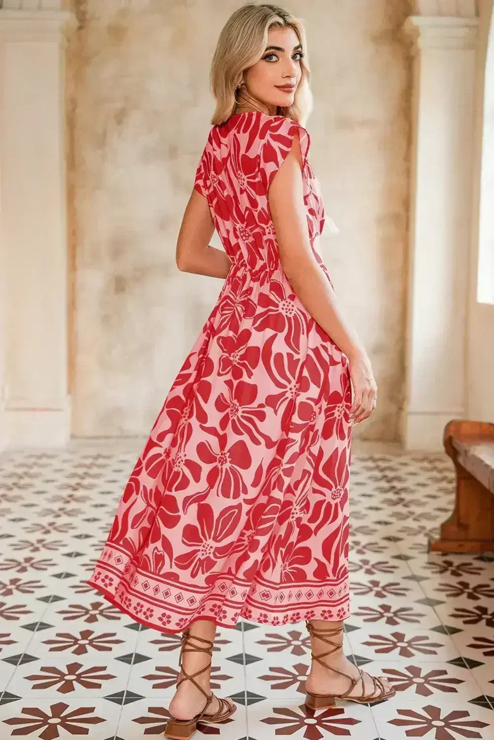 Red Boho Floral V-Neck Ruffle Shoulder Maxi Dress - Femstylo