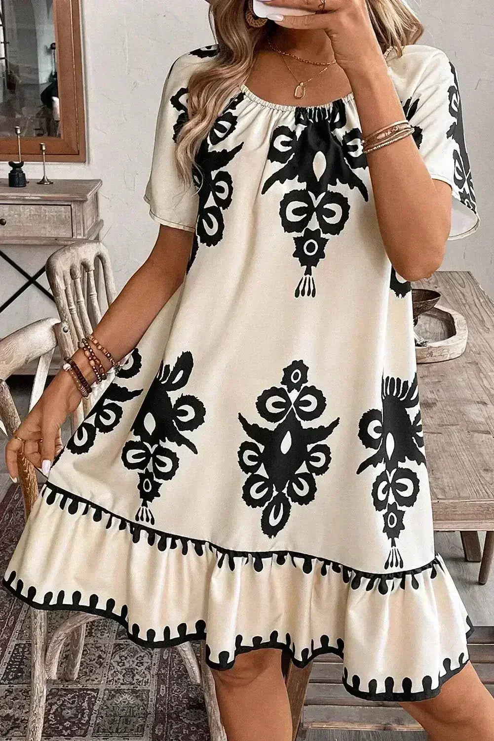 Apricot Ethnic Print Ruffle Hem Loose Mini Dress - Femstylo