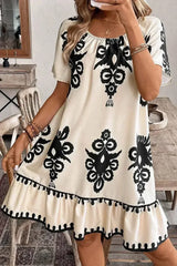 Apricot Ethnic Print Ruffle Hem Loose Mini Dress - Femstylo