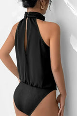 Black Beaded Decor Flower Halter Bodysuit - Femstylo