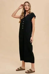 Annie Wear Button Detail Wide Leg Jumpsuit with Pockets - Femstylo