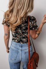 Black Floral Print U Neck Short Puff Sleeve Bodysuit - Femstylo