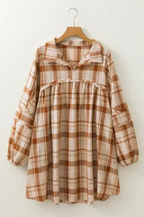 Brown Plaid Print Side Pockets Frill Babydoll Mini Dress - Femstylo