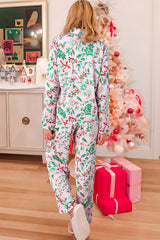 Pink Christmas Print Plush Edge Collar Shirt Pants Pajama Set