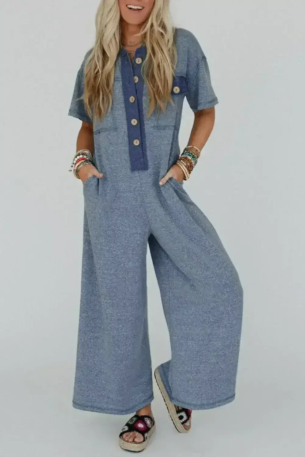 Jet Stream Patchwork Pocket Short Sleeve Jumpsuit - Femstylo