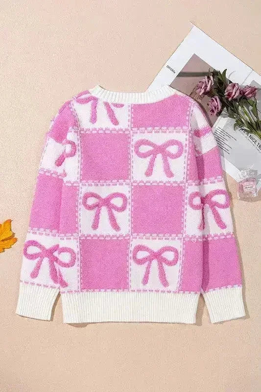 Pink Bow Knot Two Tone Checkered Crew Neck Sweater - Femstylo