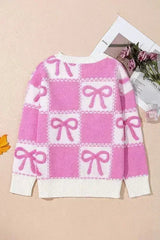 Pink Bow Knot Two Tone Checkered Crew Neck Sweater - Femstylo