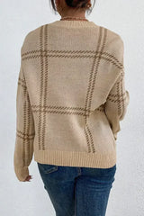 Khaki Plaid Pattern Knitted Drop Shoulder Sweater - Femstylo