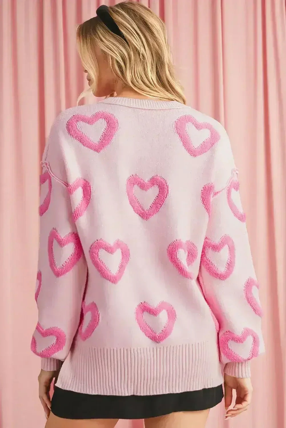 Pink Heart Shape Bubble Sleeve Baggy Sweater - Femstylo