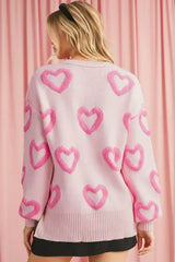 Pink Heart Shape Bubble Sleeve Baggy Sweater - Femstylo