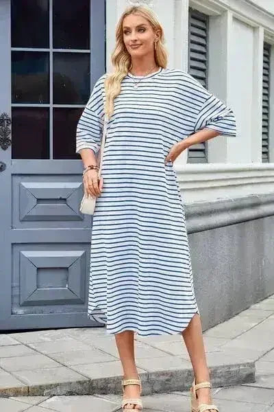 Lovelet Contrast Striped Half Sleeve Midi Tee Dress - Femstylo