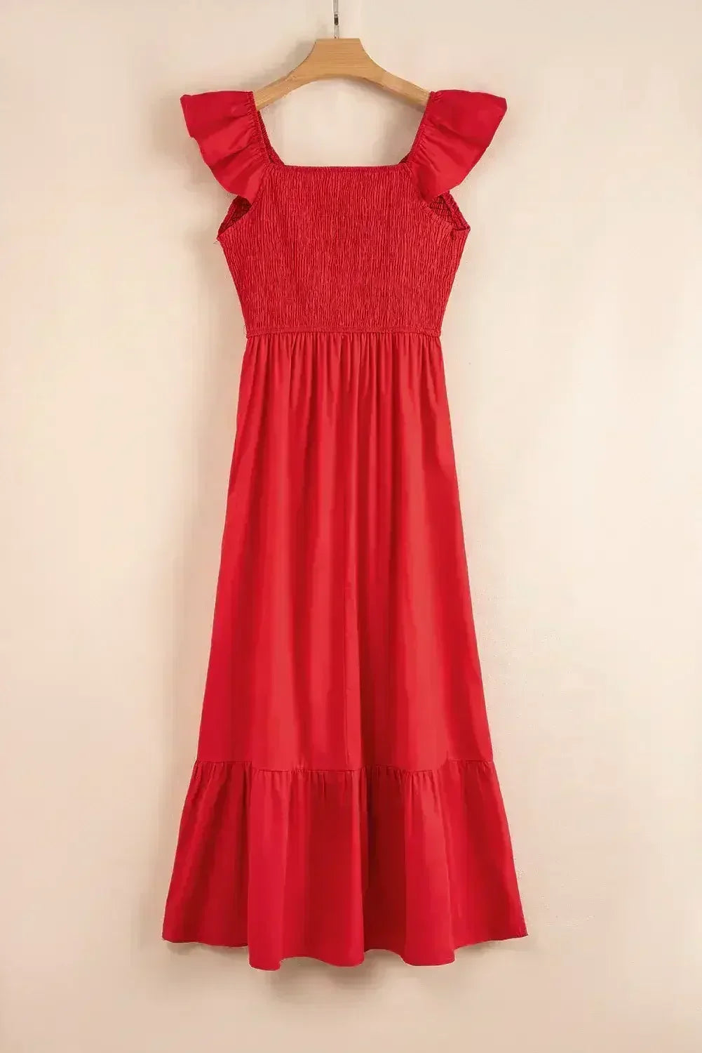 Black V Neck Flutter Sleeve Smocked Bodice High Waist Ruffle Maxi Dress - Femstylo
