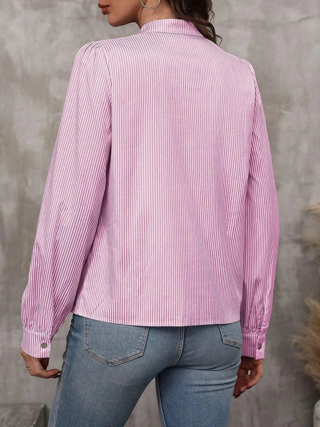 Striped Tie Neck Long Sleeve Blouse - Femstylo