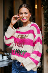 Rose Red I KNOW WAHT I WAT Sequin Letter Graphic Colorblock Loose Sweater