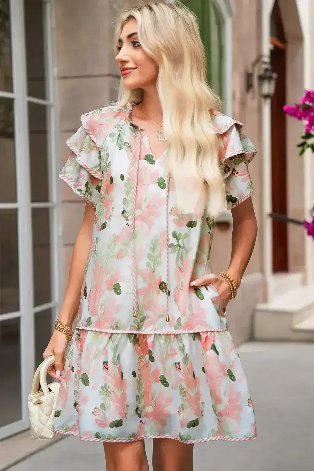 Sky Blue Floral Contrast Edge Ruffle Sleeve Tie Neck Mini Dress - Femstylo