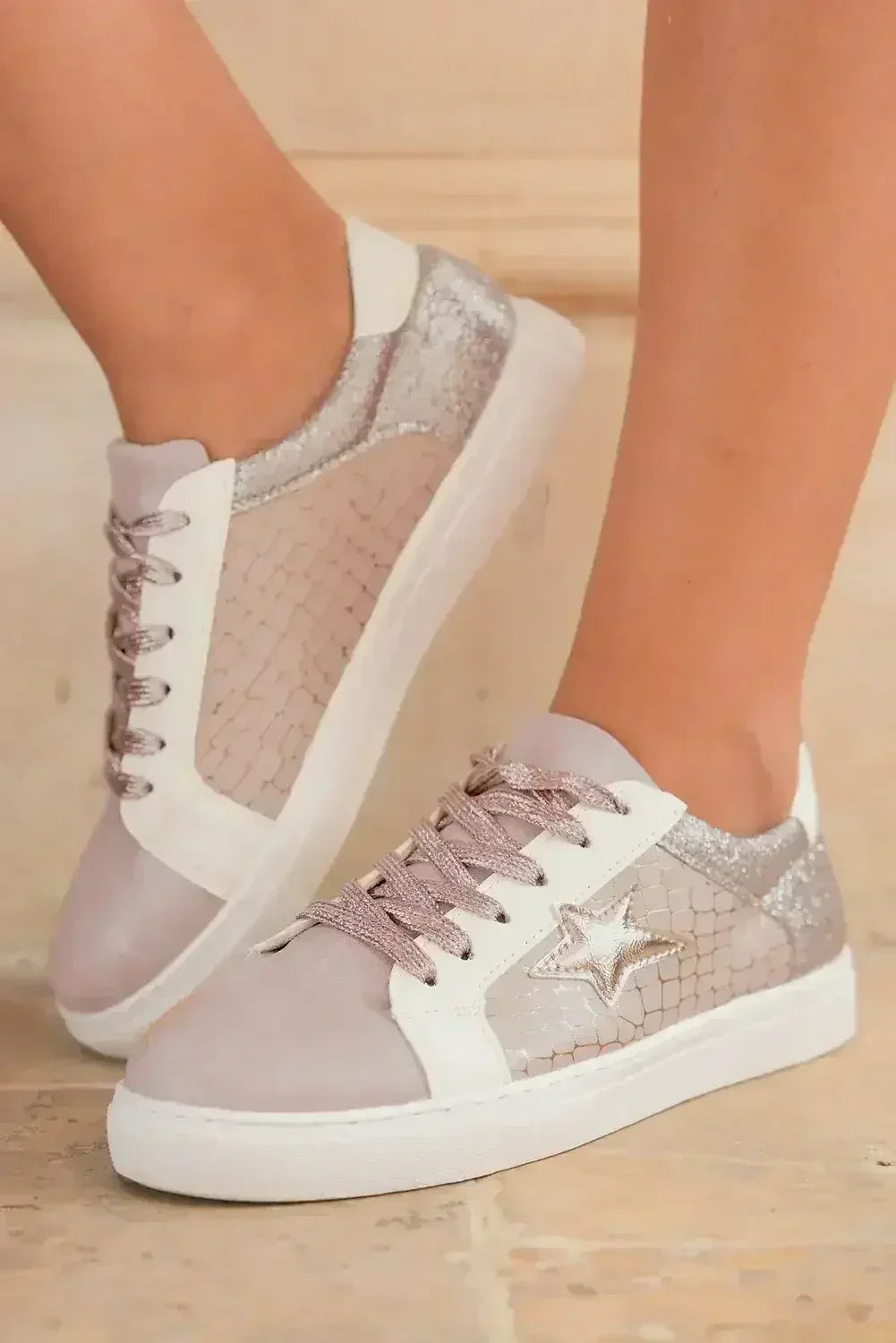 Gold Glitter Star Patchwork PU Leather Lace-up Sneakers - Femstylo