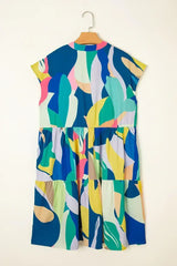 Blue Abstract Print V-Neck Short Sleeve Mini Dress - Femstylo