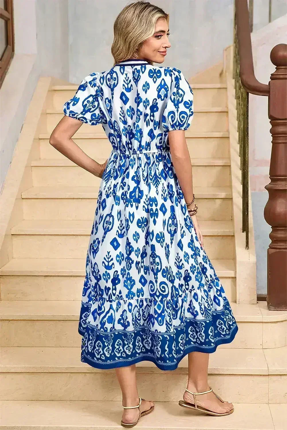 Blue Floral Ruffle Hem Pop of Color Neckline Dress - Femstylo