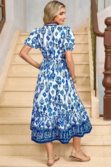 Blue Floral Ruffle Hem Pop of Color Neckline Dress - Femstylo
