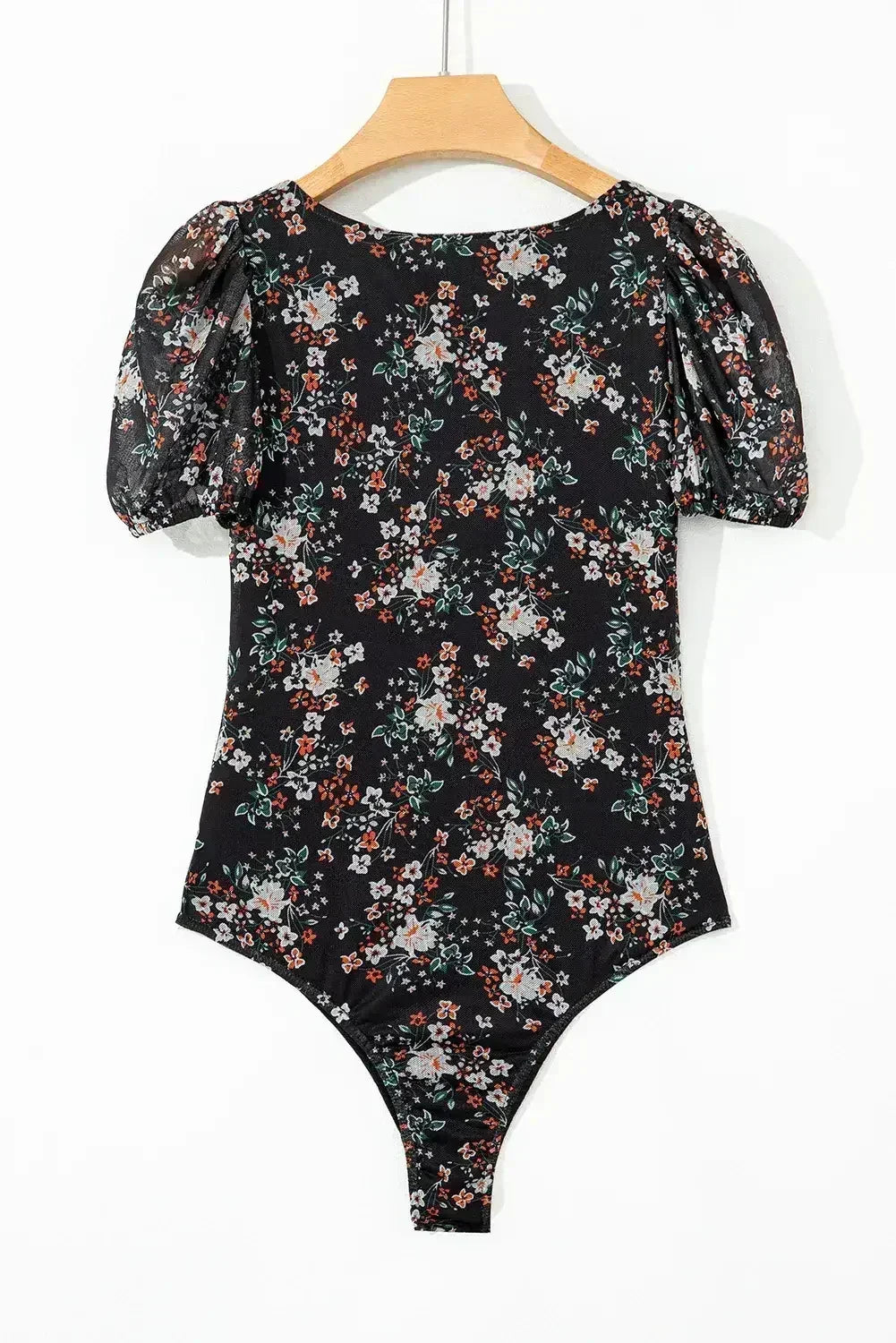 Black Floral Print U Neck Short Puff Sleeve Bodysuit - Femstylo