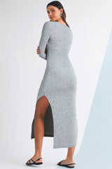 Gray Round Neck Slim Fit Slit Knit Midi Dress