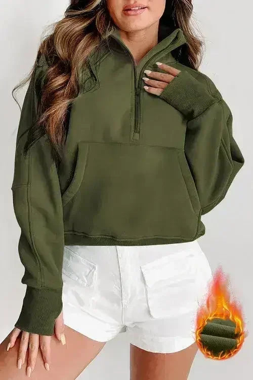 Brown Fleece Lined Zip Up Stand Collar Thumbhole Sleeve Sweatshirt - Femstylo