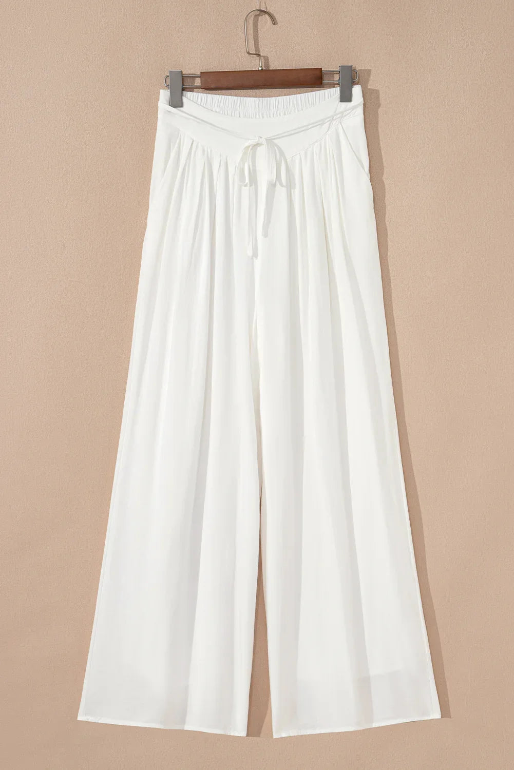 White Solid Pleated Loose Wide Leg Pants