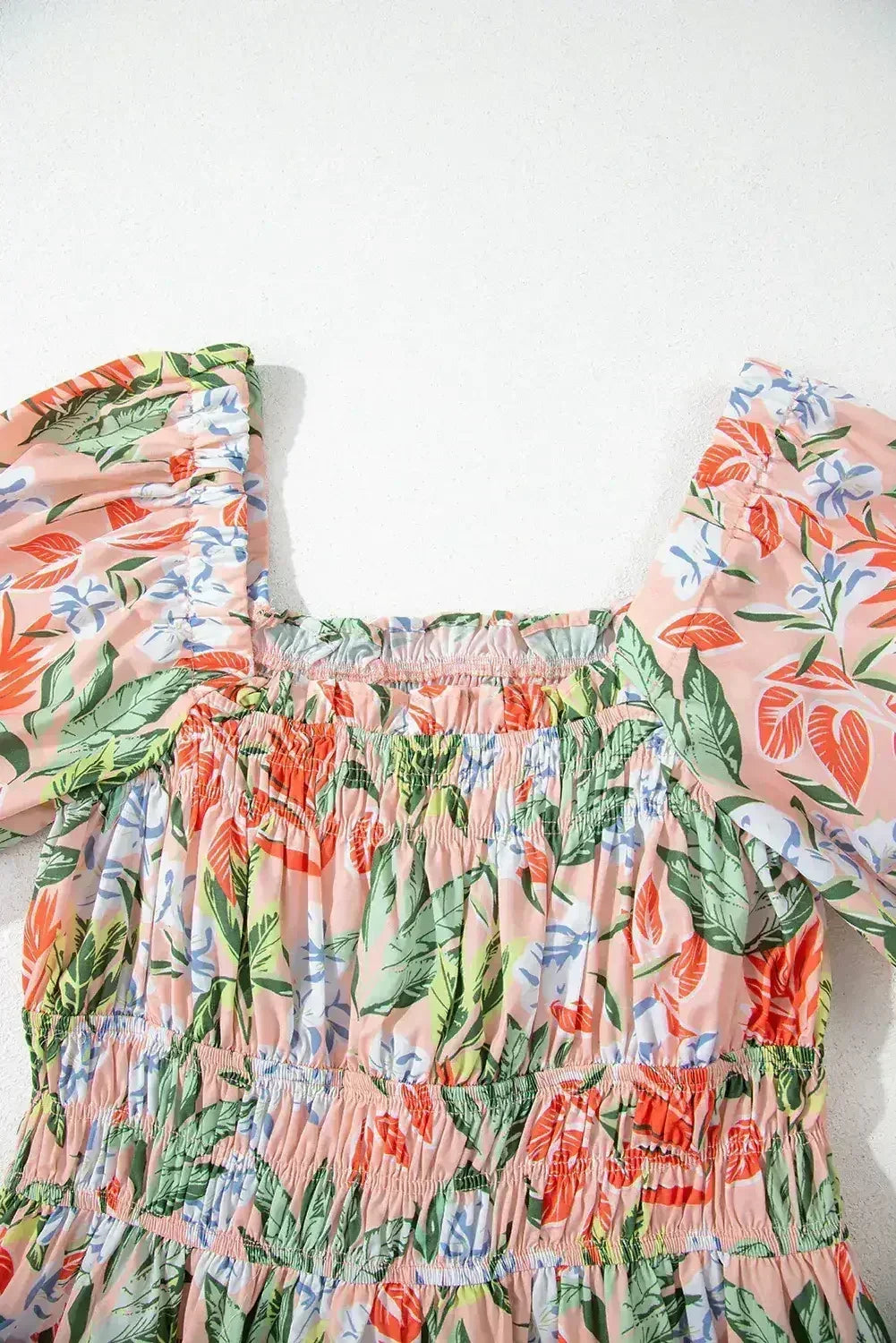 Apricot Pink Floral Knot Front Smocked Bubble Sleeve Dress - Femstylo