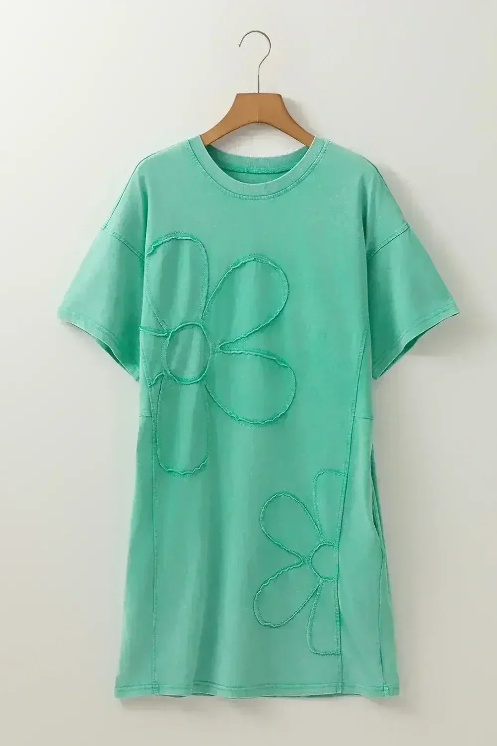 Sky Blue Mineral Wash Flower Patchwork Mini T Shirt Dress - Femstylo