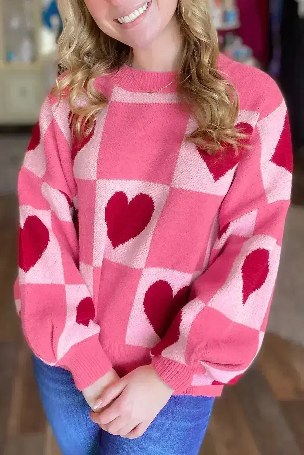 Pink Love Heart Checkered Valentine Knit Sweater - Femstylo