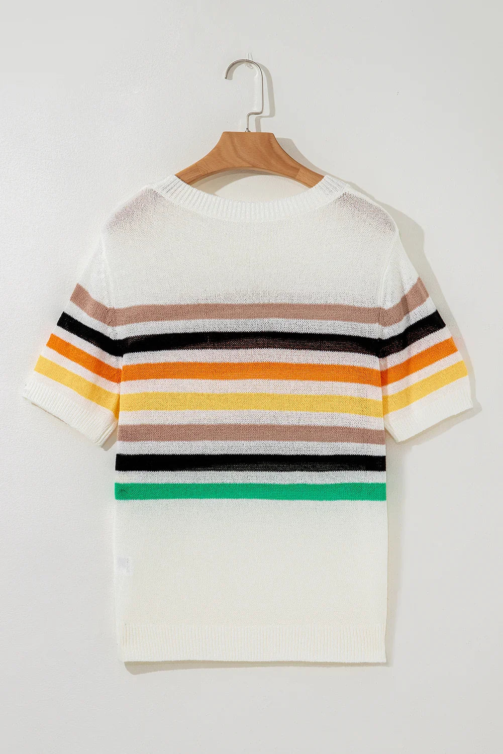 White Colorful Striped Pocket Loose Fit Knitted T Shirt