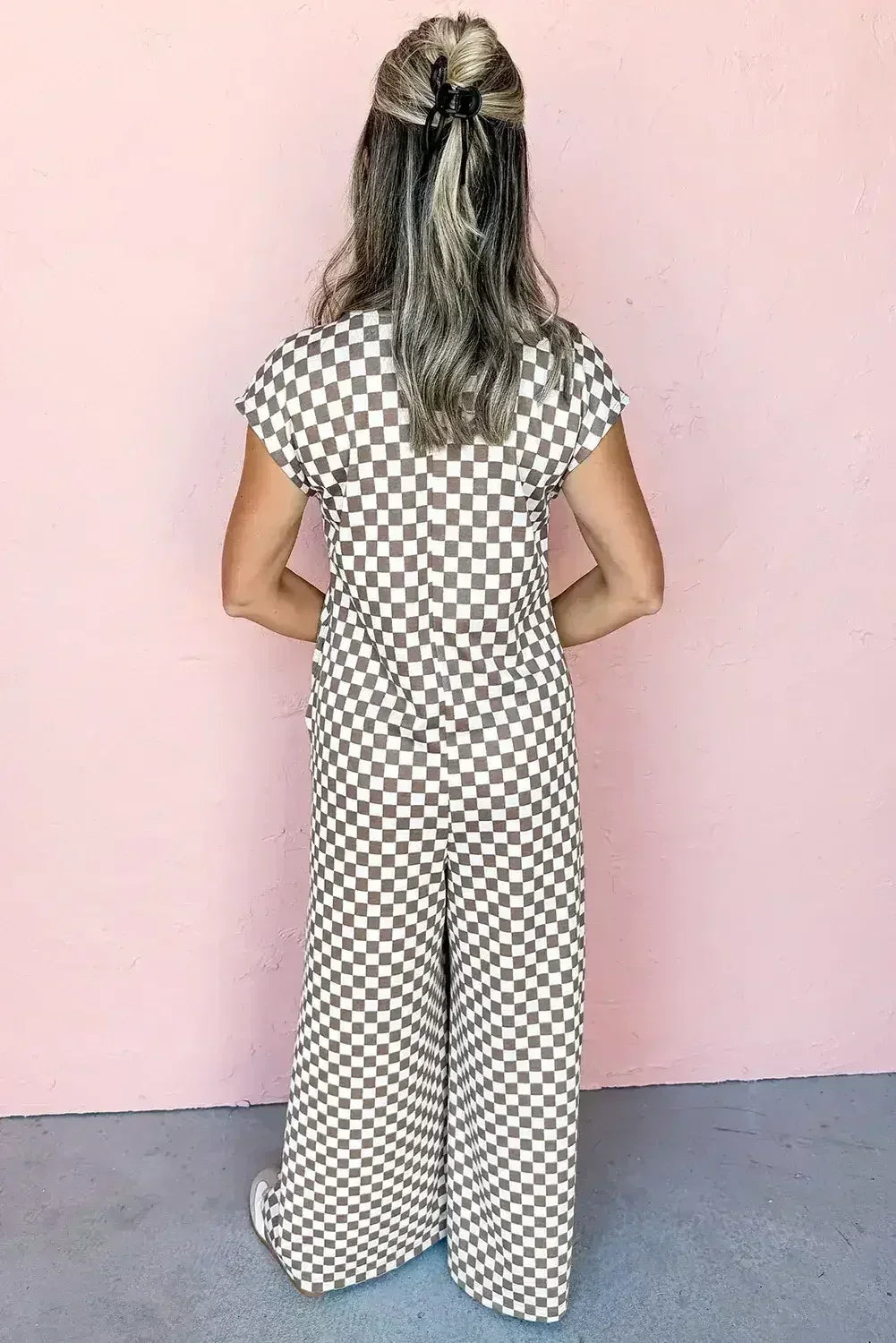 Khaki Checkered Print Buttoned Crew Neck Wide Leg Jumpsuit - Femstylo