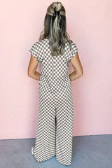 Khaki Checkered Print Buttoned Crew Neck Wide Leg Jumpsuit - Femstylo