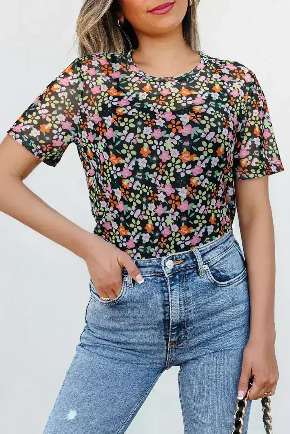 Black Sheer Mesh Floral Round Neck T Shirt with Camisole - Femstylo